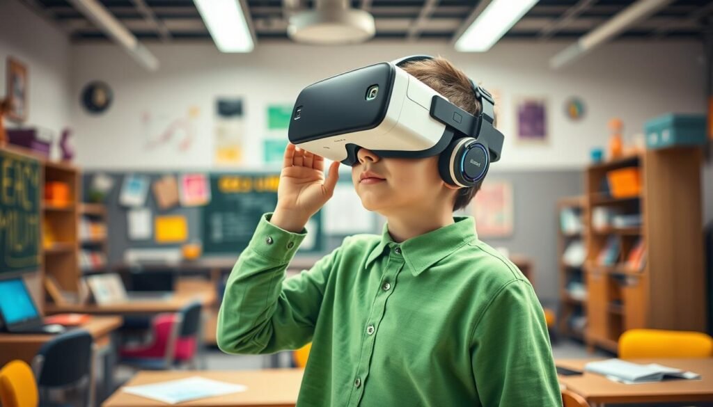 Generate an image of a student using a VR headset in a classroom.