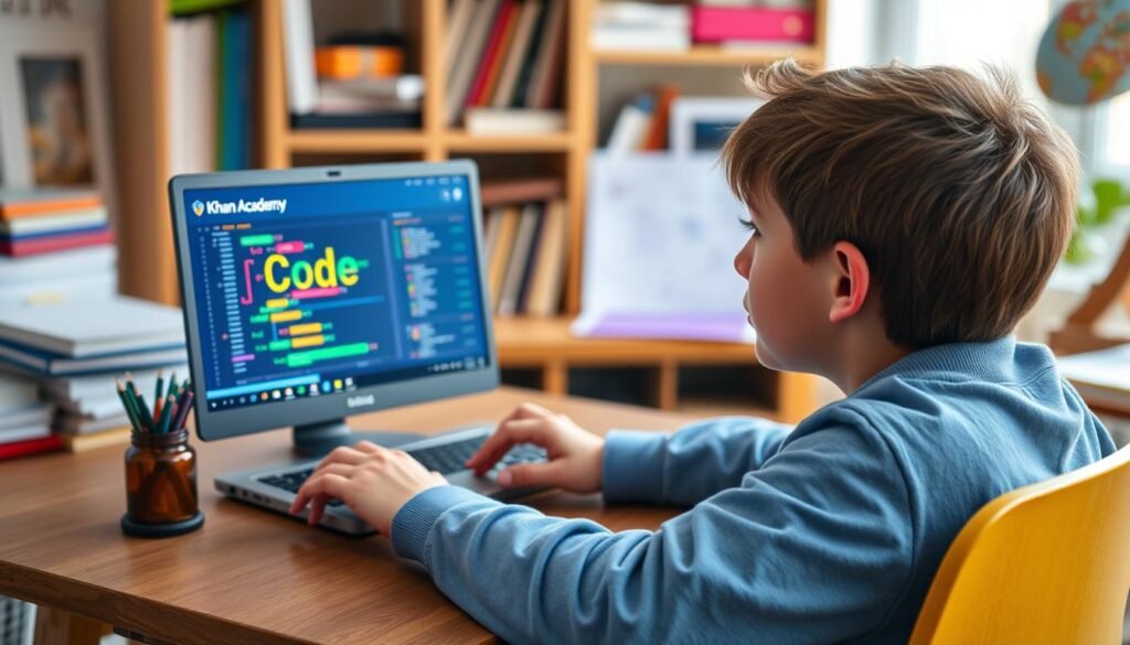 Generate an image of a student watching a Khan Academy video on coding.
