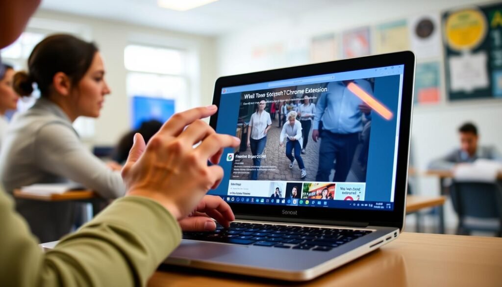 Generate an image of a teacher using a laptop with the Screencastify Chrome extension open on the screen.