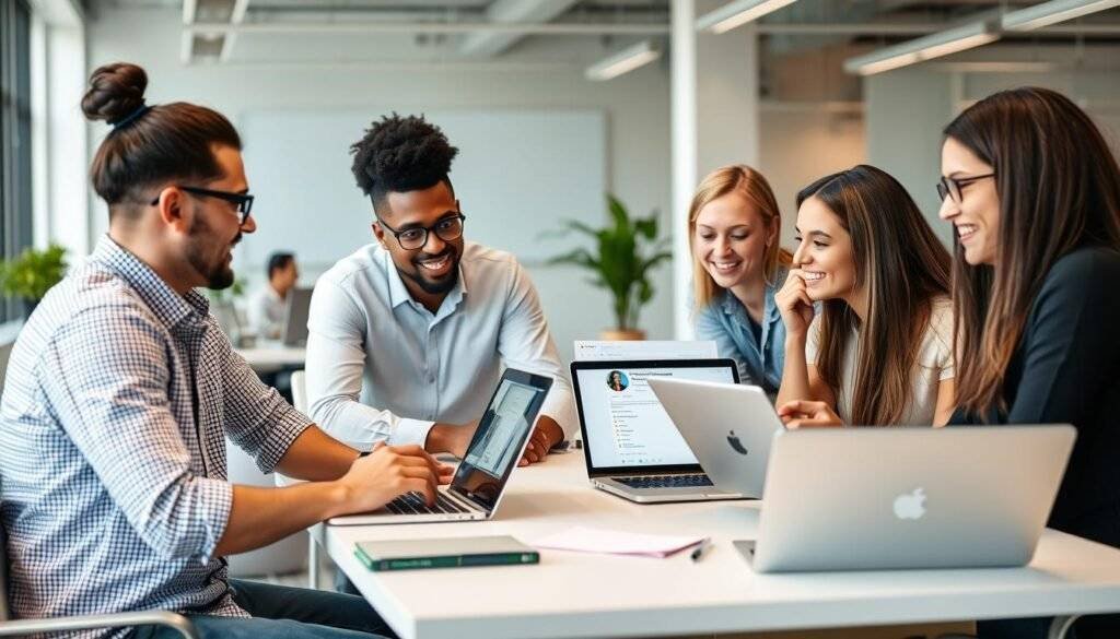 Generate an image of a team collaborating using Asana on their laptops.