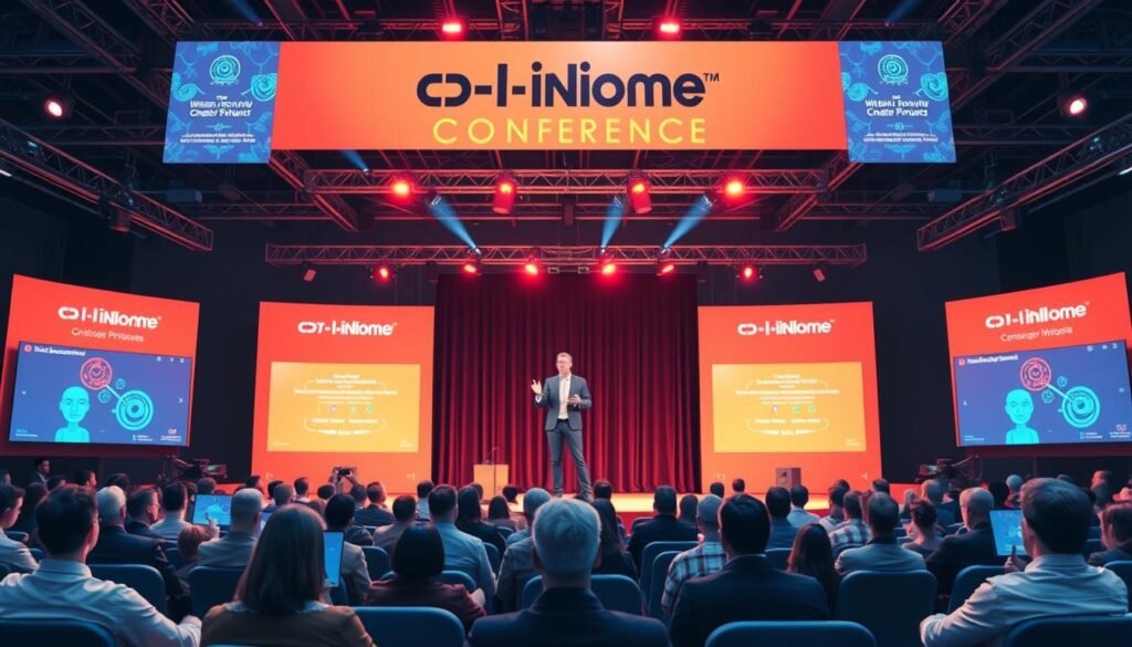 Generate an image of a technology conference with a keynote speaker on stage.