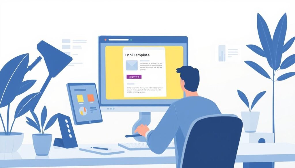 Generate an image of a user creating an email template using Mailmodo's AI email template generator.