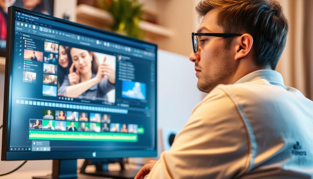 Generate an image of a user editing a video with Filmora.
