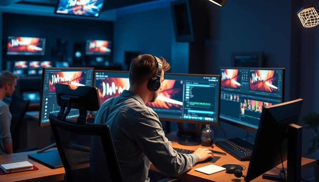 Generate an image of a video editor working on a project using DaVinci Resolve on a computer.