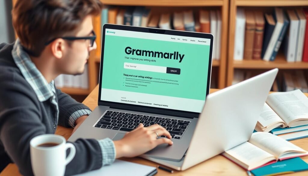 Generate an image of a writer using Grammarly to enhance their writing.