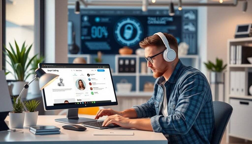 Generate an image of an ecommerce merchant using Octane AI to create a personalized chatbot and quiz for their Shopify store.