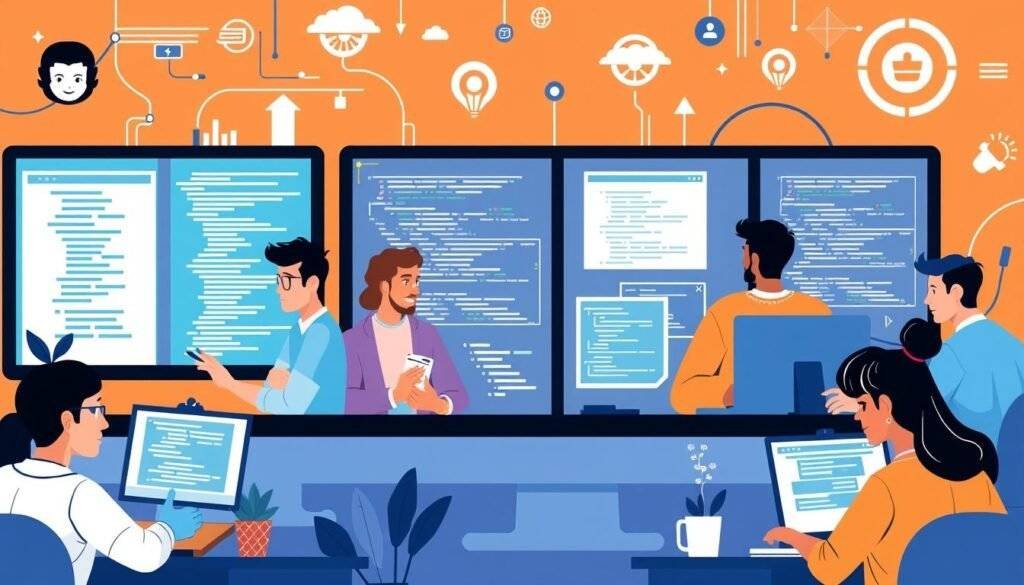 Generate an image of developers collaborating on GitHub