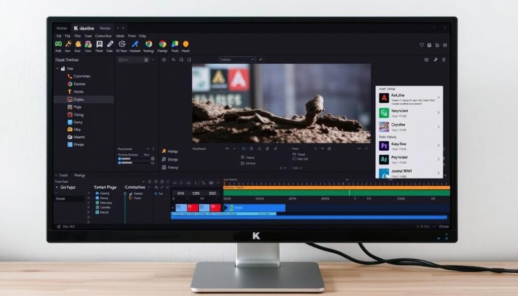 Generate an image of the Kdenlive interface on a computer screen, showcasing its user-friendly timeline and editing tools.