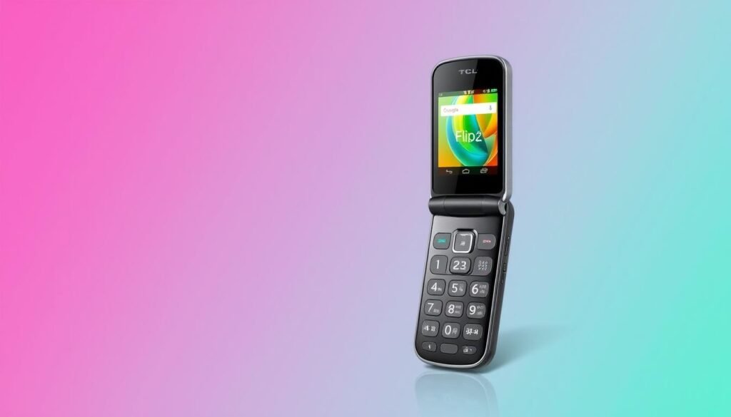 Generate an image of the TCL Flip2 phone in a clamshell design, showcasing its compact size and user-friendly interface.