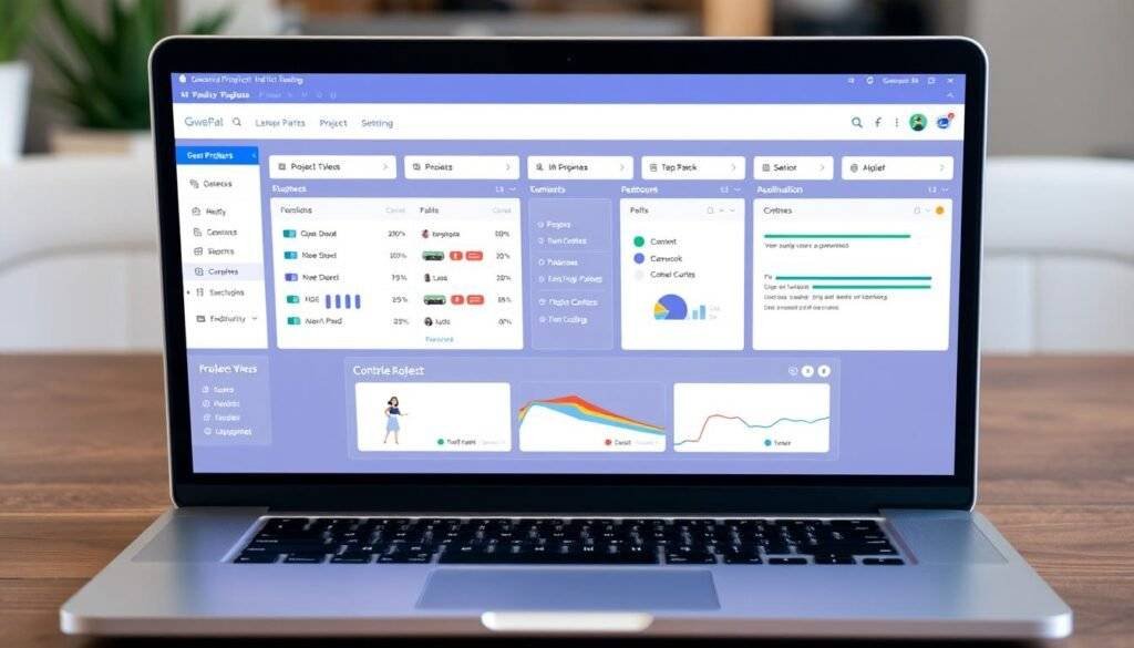 Generate an image representing Teamwork's user interface on a laptop screen, showcasing a clean and organized project management dashboard.