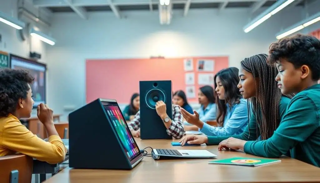 Generate an image representing educational technology speakers in a modern classroom setting.