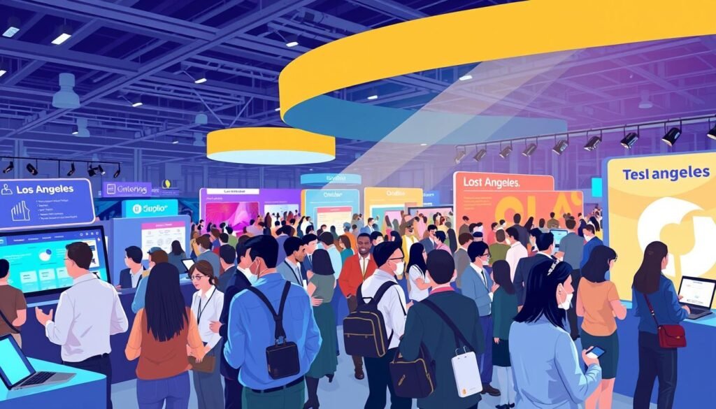 Image of a bustling Los Angeles tech conference with diverse professionals networking.