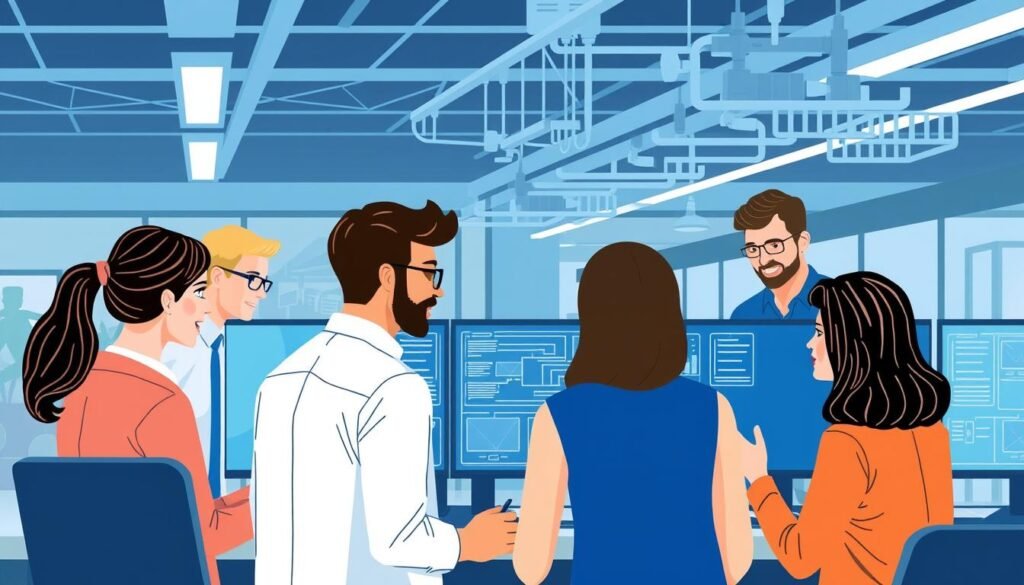 Image of a diverse group of professionals working together in a modern office setting, surrounded by digital screens and telecom infrastructure.