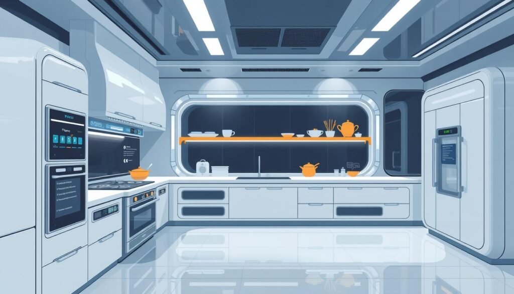 Image of a futuristic kitchen with automated cooking systems