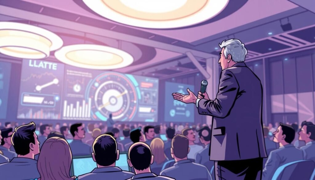Image of a technology keynote speaker at a conference