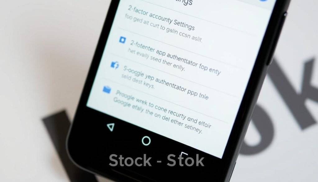 Prompt A detailed, high-resolution image of Google Account Security Settings interface on an Android smartphone. The screen displays various 2-factor authentication options including SMS, authenticator app, and security keys. The layout is clean and intuitive, with clear explanations of each setting. The user interface is modern and minimalistic, with a light color scheme. The device is positioned at a slightly tilted angle, with a blurred background featuring the articles Stock branding.