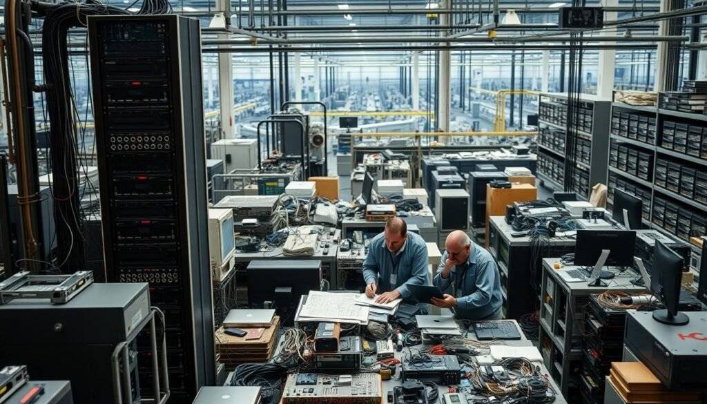 A bustling factory floor, machinery whirring and conveyor belts moving in a complex choreography. In the foreground, a towering server rack stands like a monolith, its blinking lights a testament to the technological heartbeat of the operation. Amidst the industrial landscape, a team of technicians pore over schematics and laptops, their faces etched with concern as they navigate the challenges of technology lifecycle management. The middle ground is a tapestry of outdated equipment, obsolete components, and the detritus of past upgrades, a visual representation of the ongoing battle to keep pace with technological change. In the background, a panoramic view of the factory reveals the scale of the challenge, with rows of workstations and shelves of archived data, all requiring careful attention and management. The mood is one of determination and innovation, as the team works to streamline their tech lifecycle and maintain a competitive edge. "articles Stock"