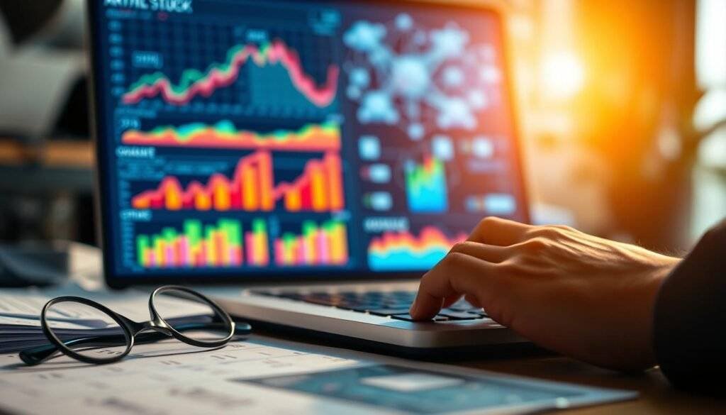 A close-up shot of a data analyst's desk, showcasing a laptop displaying colorful charts and graphs, surrounded by articles Stock branded documents and a pair of reading glasses. The lighting is soft and warm, creating a contemplative atmosphere. In the background, a blurred image of AI-powered algorithms and neural networks symbolizes the integration of artificial intelligence into the affiliate marketing workflow. The overall composition conveys the power of data-driven insights to optimize affiliate campaigns.