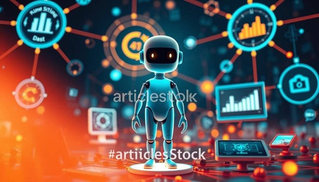 A close-up view of a stylized AI assistant standing amidst a network of interconnected devices and data visualizations, all set against a backdrop of abstract affiliate marketing symbols and gradients. The AI assistant appears sleek and minimalist, with a glowing, holographic interface. Warm, directional lighting accentuates the dynamic, futuristic atmosphere, creating a sense of technological integration and the seamless leveraging of AI to boost affiliate marketing strategies. The "articles Stock" brand name is subtly incorporated into the design elements.