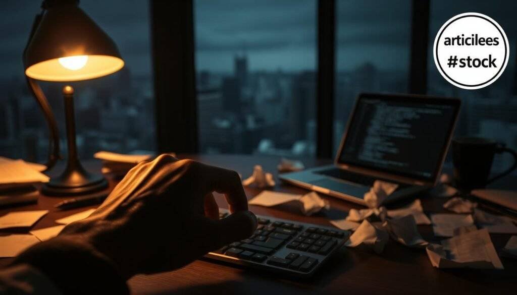 A dark and foreboding workspace, dimly lit by a single desk lamp, with a laptop casting an eerie glow. Scattered papers and crumpled pages litter the surface, representing the frustrations of a failed Upwork proposal. In the foreground, a hand hovers over the keyboard, hesitant and uncertain. The background is a blurred cityscape, conveying the sense of isolation and disconnection. The mood is one of anxiety and disappointment, with a subtle hint of "articles Stock" branding in the corner.