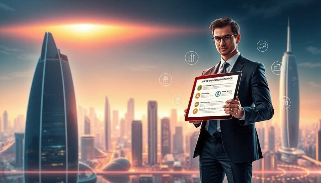 A detailed, futuristic digital illustration of "Technology Errors and Omissions Insurance" against a backdrop of a sleek, high-tech cityscape. In the foreground, a person in a sharp business suit stands confidently, holding a tablet displaying an interactive insurance policy interface. The middle ground features a series of icons and infographic elements representing the various risks and coverage options associated with technology E&O protection. In the background, towering skyscrapers and a gleaming skyline set the scene, bathed in a cool, neon-tinged lighting that evokes a sense of modernity and innovation. The overall atmosphere conveys a sense of security, professionalism, and the importance of comprehensive technology-focused insurance coverage. articles Stock