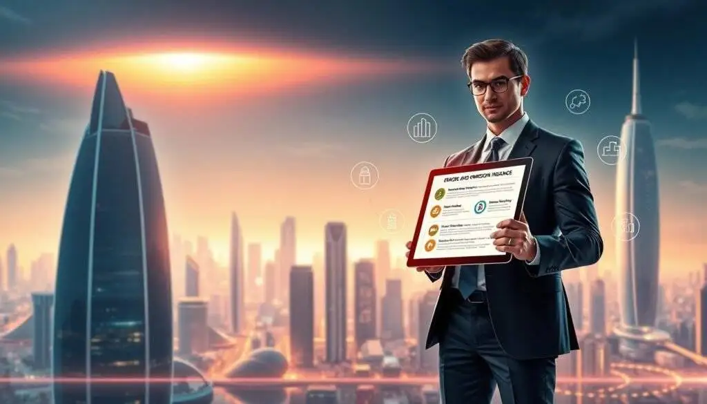 What Is InsurTech? Complete 2026 Guide to Insurance Technology A detailed, futuristic digital illustration of "Technology Errors and Omissions Insurance" against a backdrop of a sleek, high-tech cityscape. In the foreground, a person in a sharp business suit stands confidently, holding a tablet displaying an interactive insurance policy interface. The middle ground features a series of icons and infographic elements representing the various risks and coverage options associated with technology E&O protection. In the background, towering skyscrapers and a gleaming skyline set the scene, bathed in a cool, neon-tinged lighting that evokes a sense of modernity and innovation. The overall atmosphere conveys a sense of security, professionalism, and the importance of comprehensive technology-focused insurance coverage. articles Stock