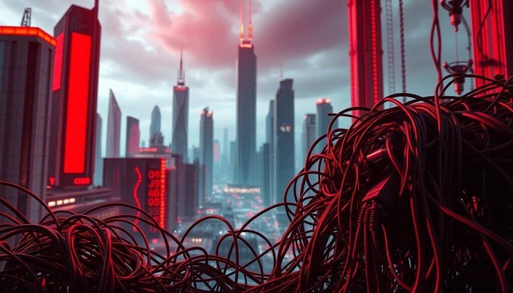 A futuristic cityscape with towering skyscrapers and technological infrastructure, cast in an ominous red-orange glow. In the foreground, a tangled web of outdated wires and cables symbolizing the risks of inefficient technology lifecycle management. Highlighted by dramatic chiaroscuro lighting, these chaotic elements contrast with the sleek, modern structures in the background, conveying the sense of disarray and vulnerability within an otherwise advanced technological landscape. The overall mood is one of unease and foreboding, emphasizing the importance of proactive technology lifecycle management. articles Stock