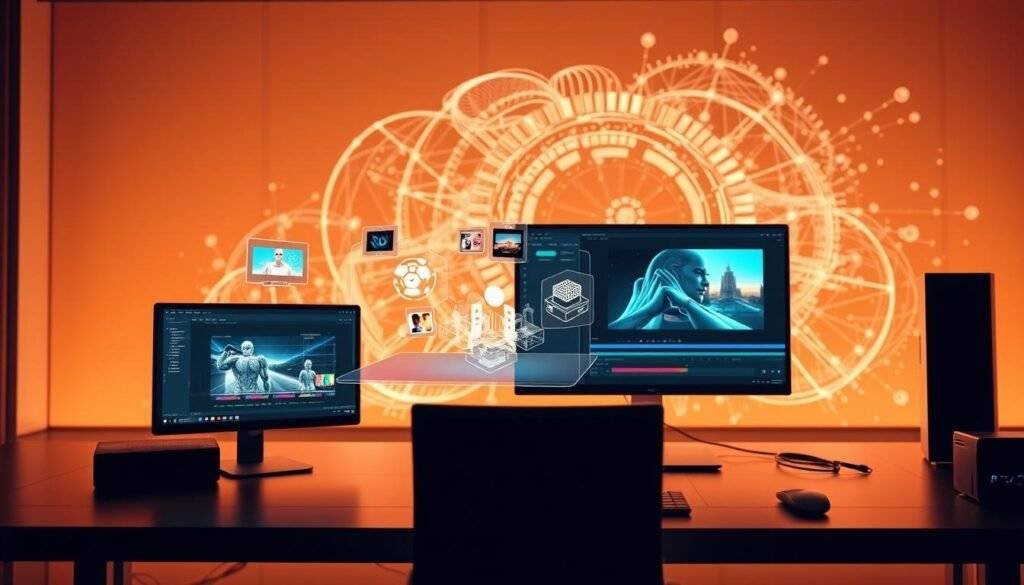 A futuristic digital workspace showcasing the AI video creation process. In the foreground, a sleek, minimalist workstation with a high-resolution monitor displaying video editing software, conveying the advanced technology involved. In the middle ground, floating holographic interfaces and 3D models demonstrate the AI-powered video generation workflow. The background features a dynamic, abstract data visualization, representing the complex algorithms and machine learning models powering the AI video creation. Warm, soft lighting bathes the scene, creating a sense of sophistication and innovation. The overall mood is one of efficiency, precision, and the seamless integration of AI within the creative process. articles Stock