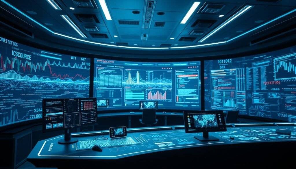 A high-tech data security control room with a sophisticated AI system monitoring multiple data streams. In the foreground, a sleek, minimalist workstation with advanced holographic displays and haptic interfaces. In the middle ground, a large, curved video wall showcases real-time analytics and threat detection alerts. The background features a dynamic, ever-changing data visualization landscape, with lines of code, encrypted data packets, and pulsing network connections. The lighting is cool and subdued, creating a sense of calm focus. The overall atmosphere conveys a sense of power, control, and technological prowess. articles Stock
