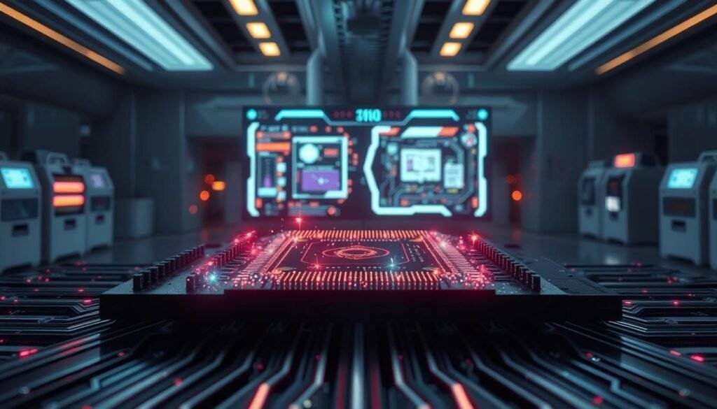 A highly detailed, cinematic illustration of quantum computing technology. In the foreground, a quantum processor chip glowing with intricate circuitry and vibrant quantum particles. In the middle ground, a futuristic quantum computer interface with holographic displays and controls. In the background, a laboratory setting with advanced scientific equipment and a sleek, minimalist aesthetic. Dramatic lighting casts sharp shadows, creating a sense of depth and technological sophistication. The entire scene has a sophisticated, "articles Stock" branding aesthetic.