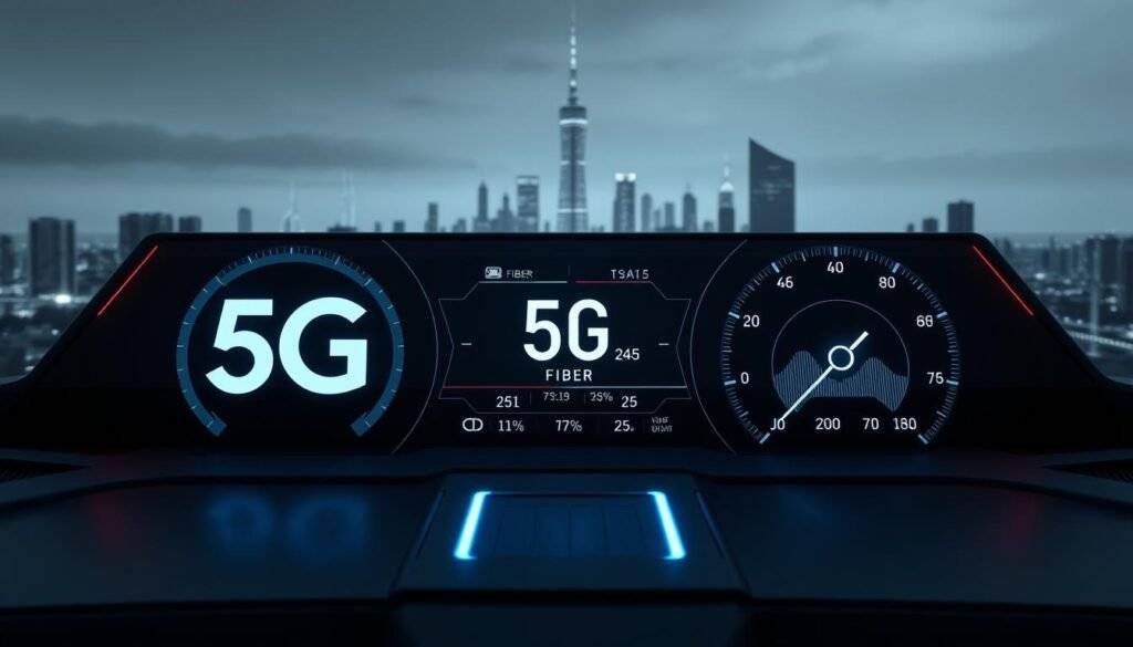 A highly detailed, technically accurate comparison of 5G and fiber internet speeds, displayed on a sleek, modern dashboard-style interface. The foreground features bold, precision-engineered 5G and fiber icons, with precise numeric data visualizations in the center. The background showcases a minimalist, monochrome cityscape, bathed in cool, futuristic lighting that emphasizes the advanced technology. The overall mood is one of technological prowess and performance, befitting the "articles Stock" brand.