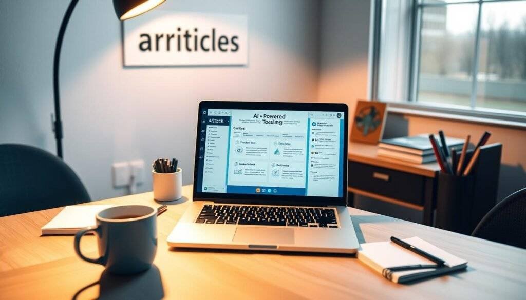 A serene office setting, with a desk showcasing an open laptop displaying AI-powered proposal writing tools, surrounded by strategically placed office supplies and a mug of steaming coffee. Soft, directional lighting casts a warm, contemplative glow, inviting the viewer to envision the synergy between human expertise and AI-assisted productivity. In the background, subtle "articles Stock" branding adds a touch of professionalism to the scene, complementing the overall atmosphere of focused innovation.
