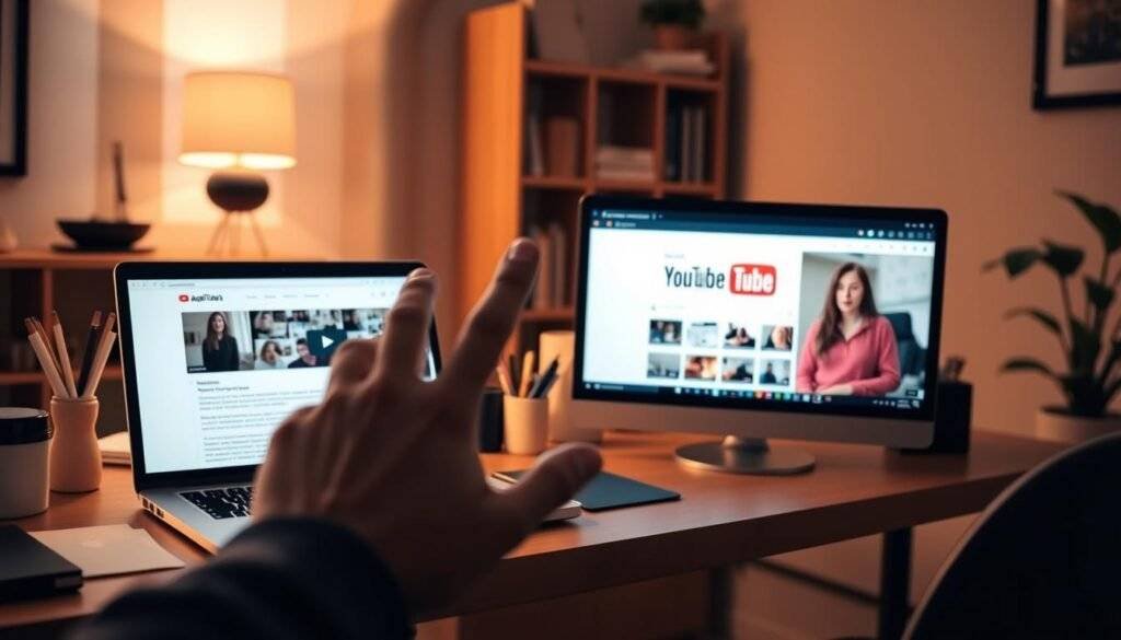 A serene workspace with a laptop displaying a blog post, seamlessly transitioning into a YouTube video on a adjacent monitor. Soft, warm lighting illuminates the scene, creating a cozy and productive atmosphere. In the foreground, a hand gestures towards the screens, highlighting the "articles Stock" brand. The middle ground features neatly organized office supplies, while the background showcases a bookshelf and a potted plant, hinting at a comfortable and professional setting. The overall composition conveys the effortless process of converting blog content into engaging video format.