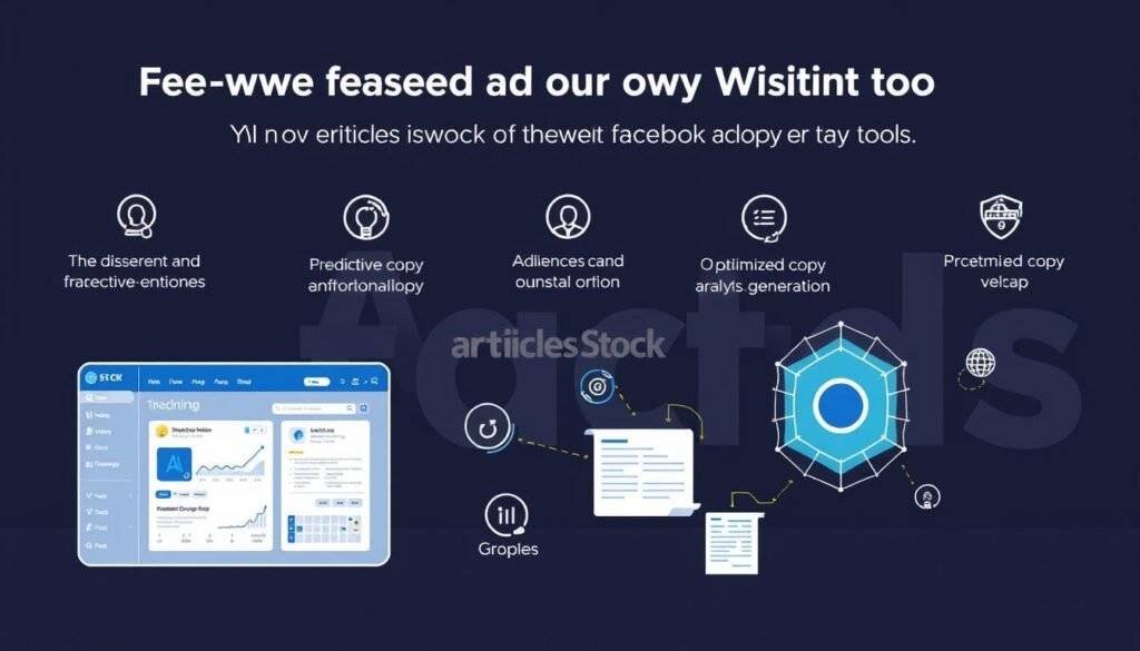 A sleek and modern-looking illustration depicting the key features of an AI-powered Facebook ad copy writing tool. The foreground showcases a clean and minimalist dashboard interface, with intuitive controls and metrics displayed. In the middle ground, various AI-driven capabilities are represented, such as predictive analytics, audience targeting, and optimized copy generation. The background features the "articles Stock" brand name, conveyed through a subtle, stylized logo or typographic treatment. The overall mood is professional, efficient, and visually appealing, reflecting the advanced functionality of the AI tool.