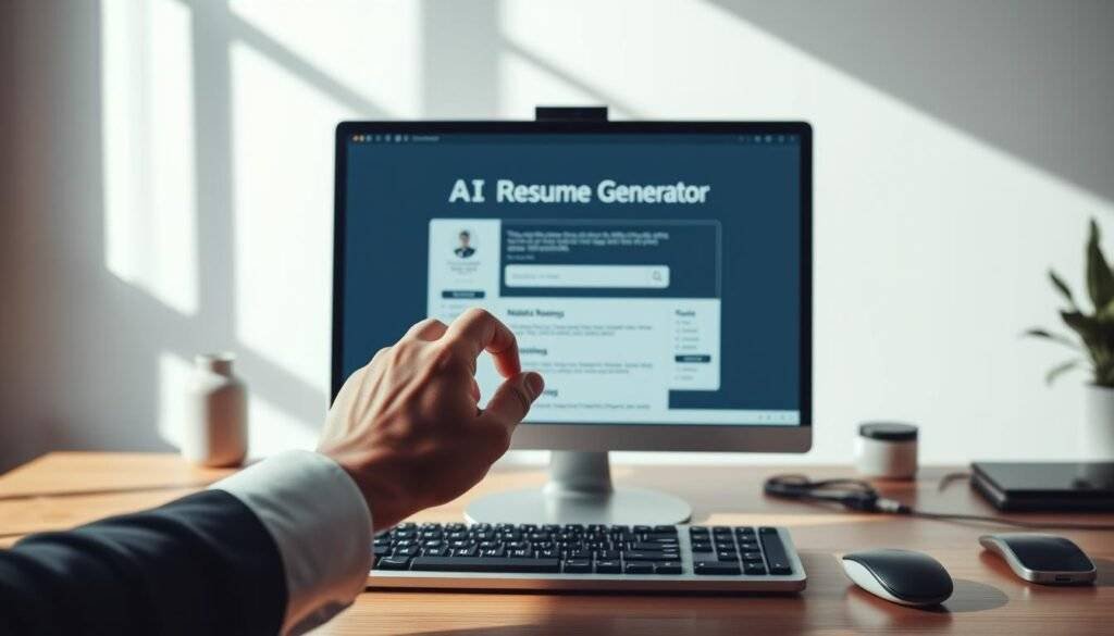 A sleek, modern desktop with a high-resolution display showcasing a "AI Resume Generator" web application on the screen. In the foreground, a professional-looking hand hovers over the keyboard, ready to interact with the intuitive interface. The lighting is soft and natural, casting subtle shadows that add depth and dimension. The background features a blurred, minimalist workspace with neutral tones, drawing the viewer's attention to the central focus of the image - the "AI Resume Generator" application. The overall atmosphere conveys a sense of efficiency, productivity, and the power of technology to streamline the job application process. articles Stock