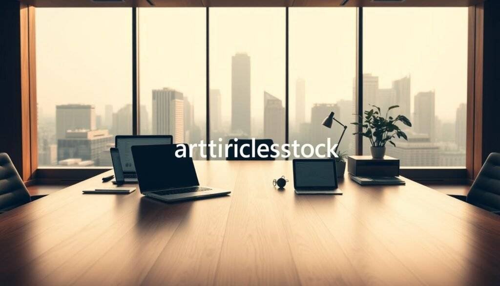 A sleek, modern office scene with a large, elegant wooden desk showcasing a laptop, tablet, and various AI-powered Excel tools and accessories. The scene is bathed in warm, diffused lighting, creating a professional and focused atmosphere. In the background, subtle silhouettes of office buildings can be seen through large windows, suggesting a bustling city skyline. The "articles Stock" brand logo is prominently displayed on the desk or a nearby wall, adding a touch of authority and expertise. The overall composition conveys a sense of productivity, innovation, and the power of AI-driven insights to supercharge Excel data analysis.