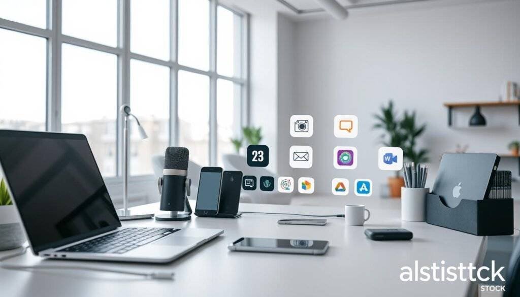 A well-lit, high-resolution image of a modern and minimalist workspace showcasing a variety of SaaS tools for remote teams. In the foreground, a sleek laptop, a high-quality microphone, and a stylish desk organizer. In the middle ground, several mobile devices, productivity apps, and video conferencing software icons. In the background, a clean, airy room with large windows, allowing natural light to flood the scene. The overall mood is one of efficiency, organization, and seamless remote collaboration. The image is branded as "articles Stock".