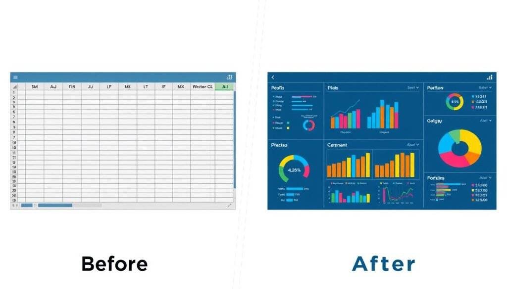 An image showing Powerdrill AI in action, with a before-and-after comparison of a dull Excel sheet transformed into a vibrant dashboard.