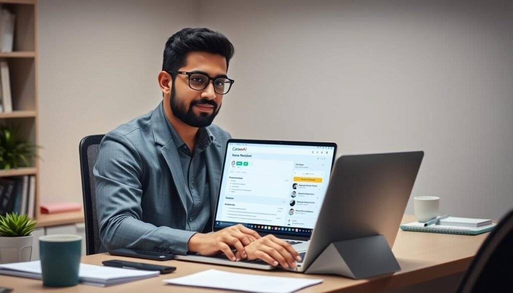 Create an image of a Pakistani professional using a laptop with CareerAI's resume builder on the screen.