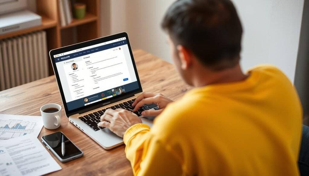 Create an image of a person using Rezi AI resume builder on a laptop