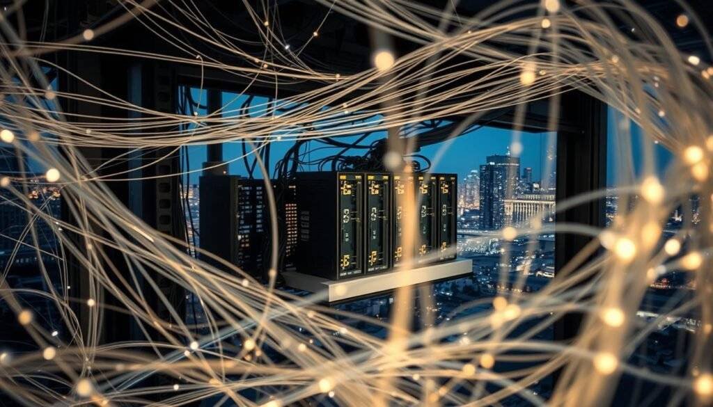 Fiber internet infrastructure: a complex web of high-speed data transmission, captured in a detailed, cross-sectional view. The foreground features a tangle of fiber optic cables, their translucent strands glowing with a soft, ethereal light. In the middle ground, intricate network hubs and junction boxes stand as the critical nodes, their sleek, industrial design reflecting the cutting-edge technology within. The background reveals a cityscape, hinting at the vast reach and interconnectivity of this vital digital backbone. The scene conveys a sense of reliability, performance, and the seamless integration of fiber internet into the modern urban landscape. articles Stock