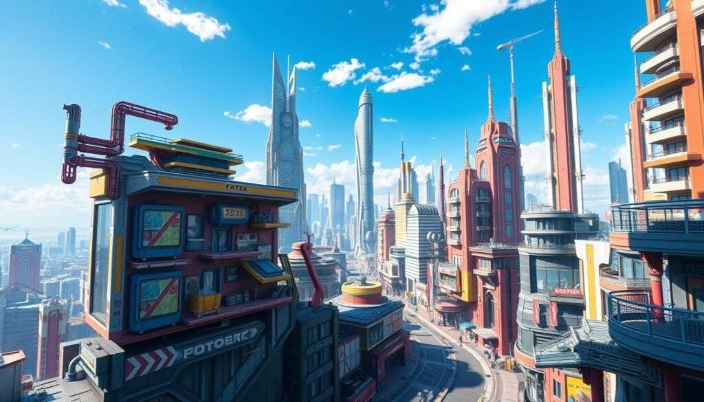 Generate a photorealistic image of a futuristic cityscape