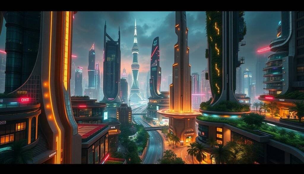Generate a photorealistic image of a futuristic cityscape using Stable Diffusion.