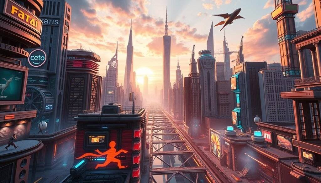 Generate a video of a futuristic cityscape evolving from a static image