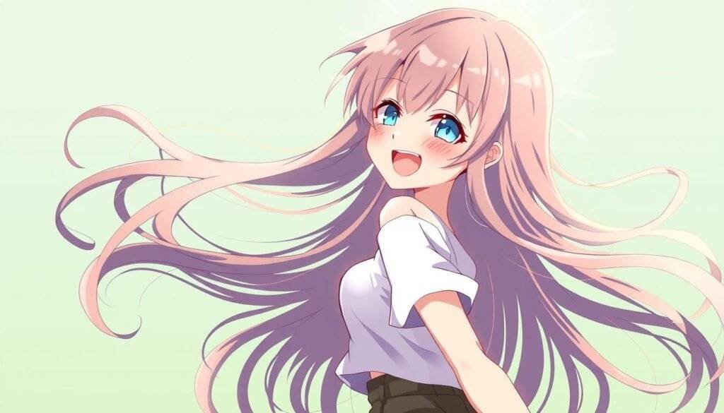 Generate an anime-style image of a girl with long hair and a bright smile.