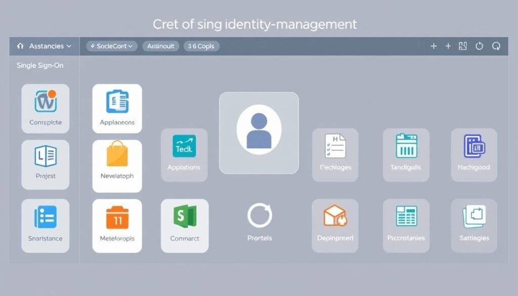 Generate an image depicting a centralized identity management dashboard with various apps and resources accessible through single sign-on.