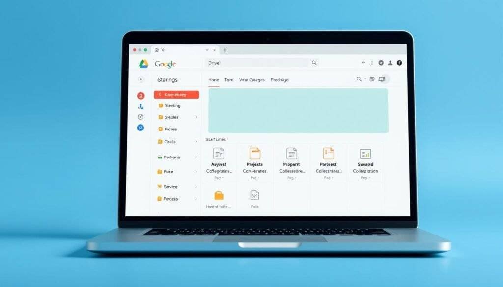 Generate an image of Google Drive's user interface on a laptop screen, highlighting its file sharing capabilities.
