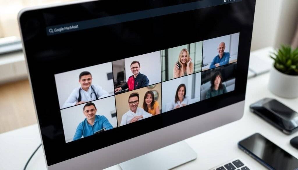 Generate an image of a Google Meet conference on a desktop screen