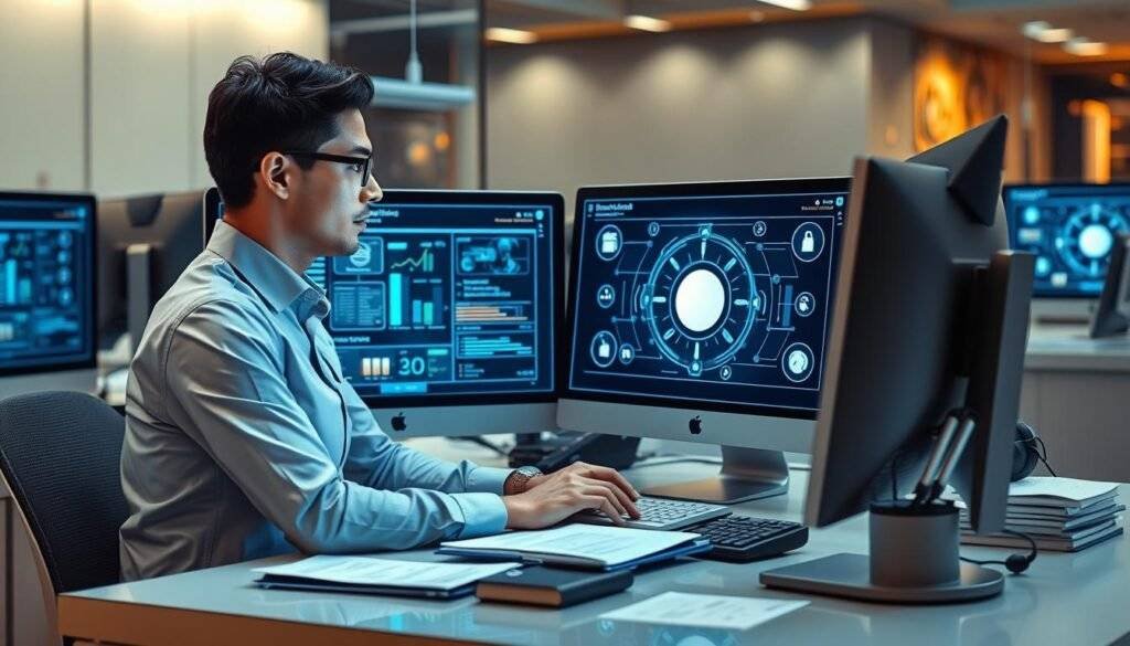 Generate an image of a bank employee working on a computer with a robotic process automation interface