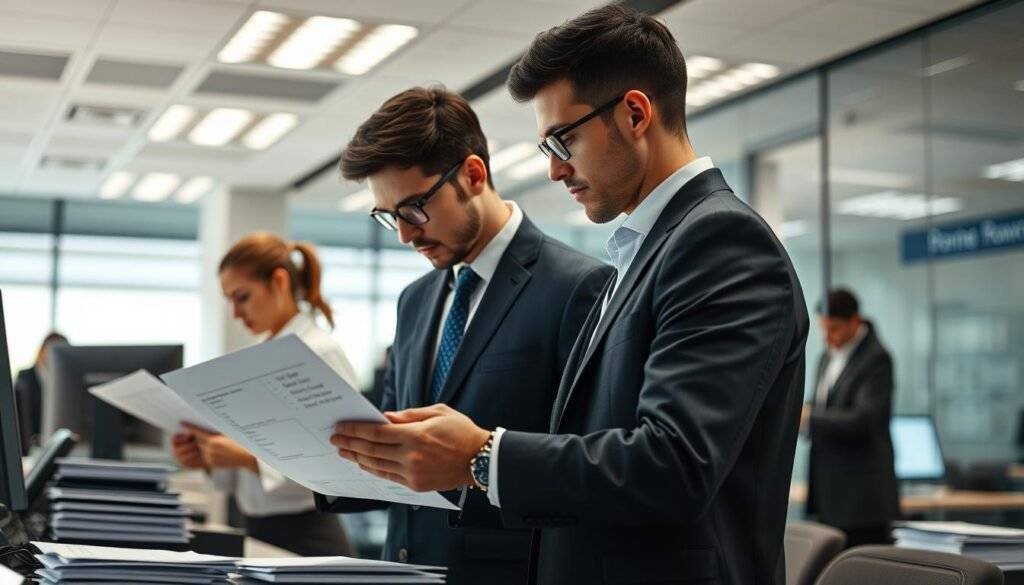 Generate an image of a bank office where employees are efficiently managing documents with the help of machine learning technology.